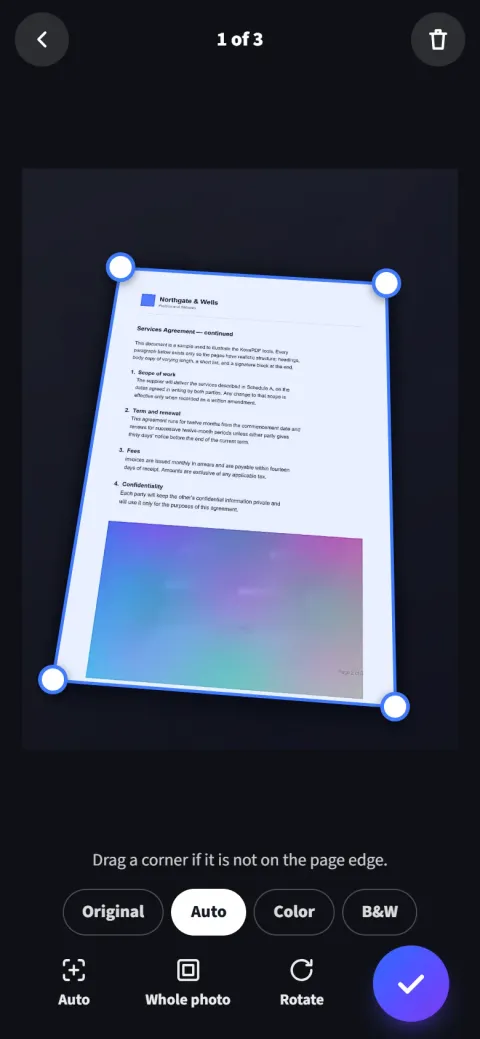 The KovaPDF scanner on a phone, finding the edges of a page