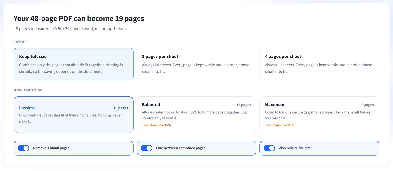SmartShrink showing that a 48-page PDF can become 19 pages